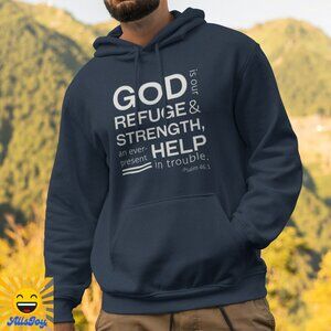 GOD IS OUR REFUGE & STRENGTH Navy Fleece Pullover Hoodie Sweatshirt
